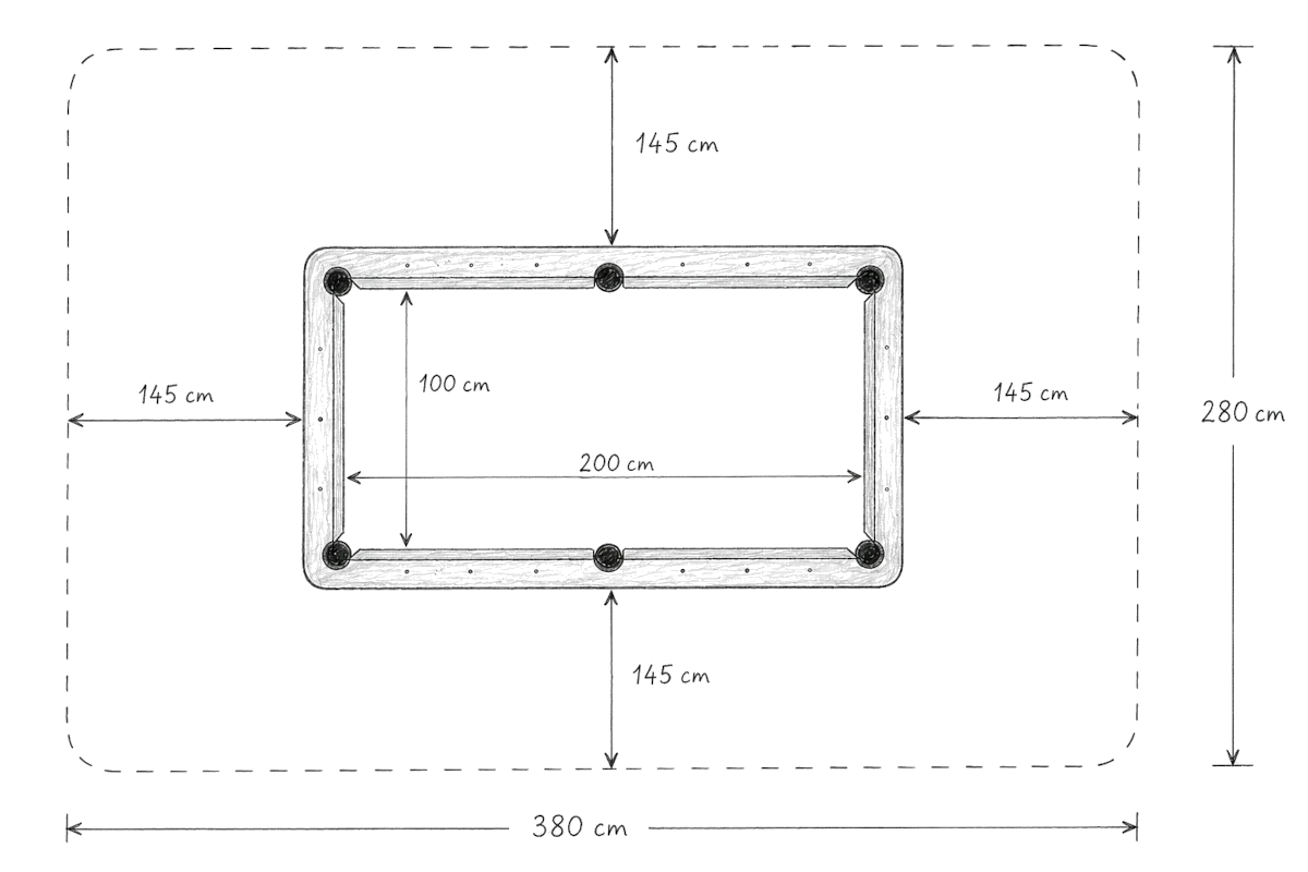Schéma des dimensions minimales à prévoir autour d'un billard 7 ft