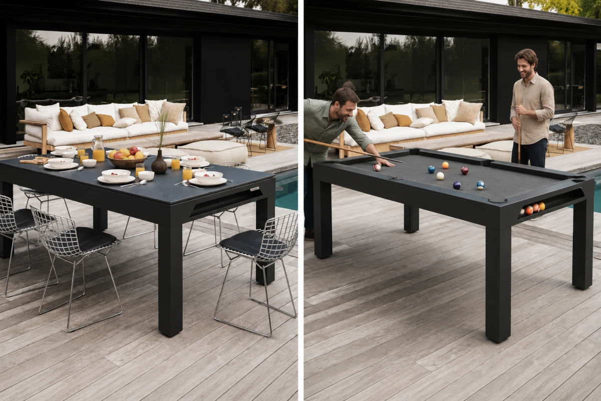 Billard convertible : table de repas à gauche, table de billard en utilisation à droite.