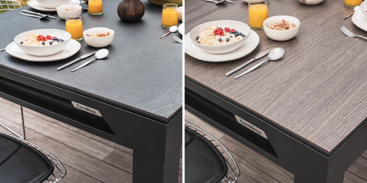 Comparaison de deux finitions de plateaux de conversion pour billard Hyphen Cornilleau, avec décors minéraux foncés.
