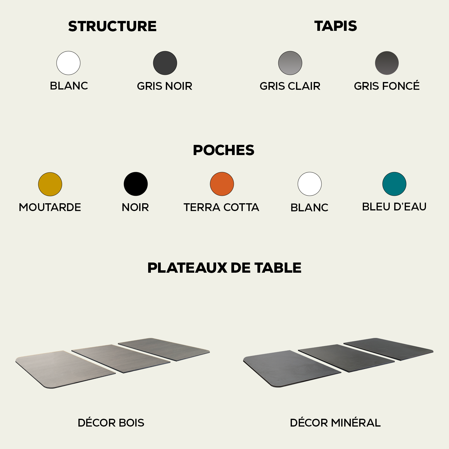 Nuancier de personnalisation du billard Hyphen Cornilleau avec les options de structure, tapis, poches et plateaux de conversion.