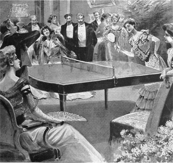 Illustration victorienne des origines du tennis de table en Angleterre